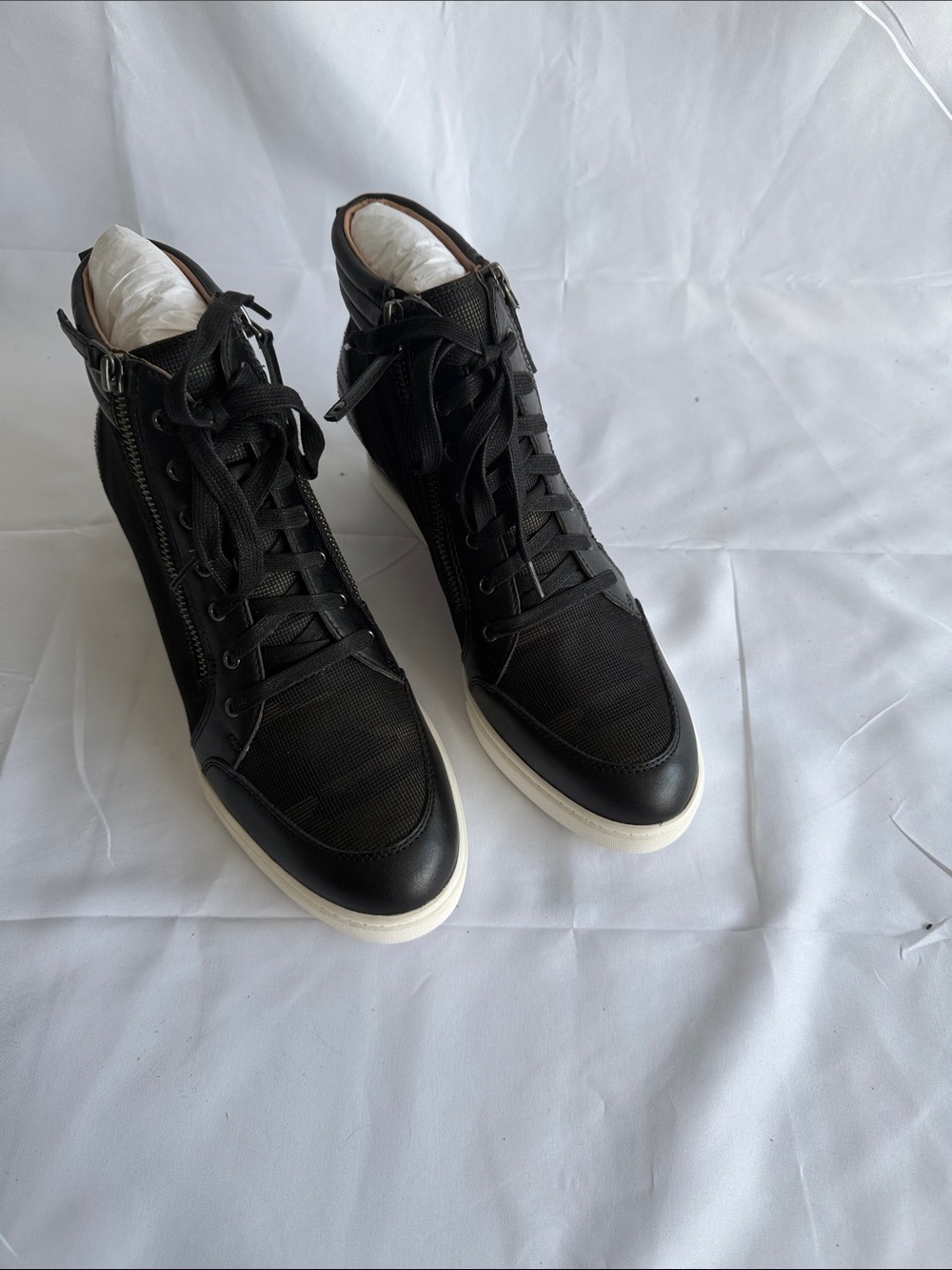 Paolo Niya Black Leather Mesh Hidden Wedge Sneakers High Top
